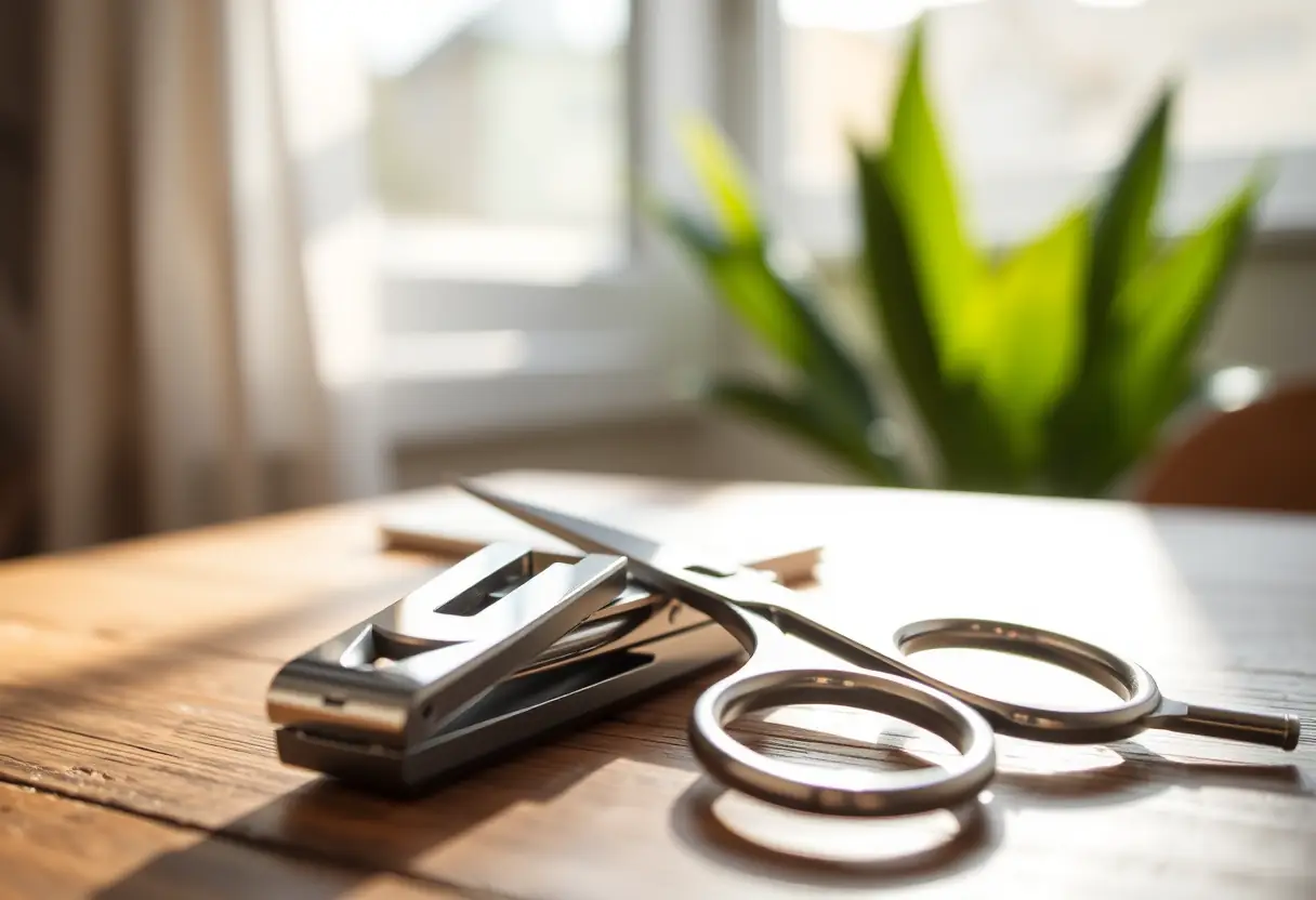 Outils de manucure sur un bureau, lumière naturelle