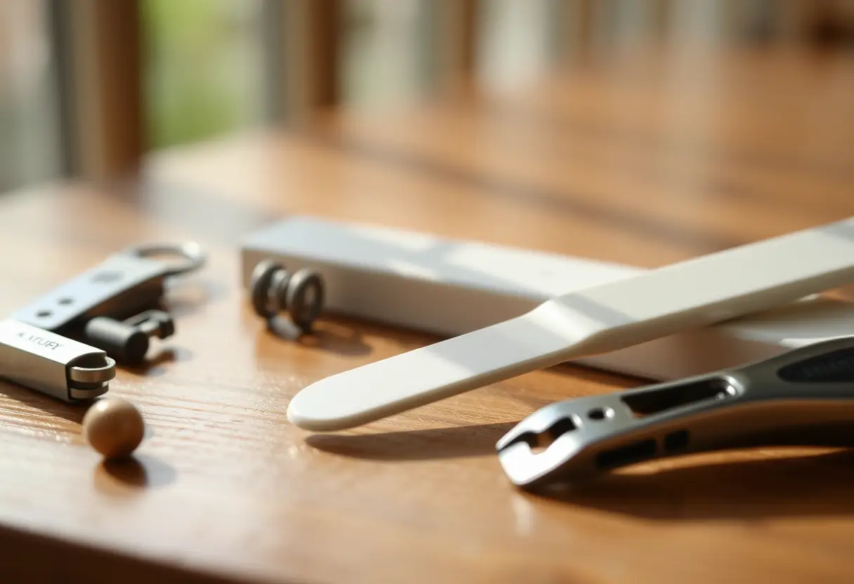 Fichier à ongles en céramique sur une table en bois, entouré d'outils de manucure