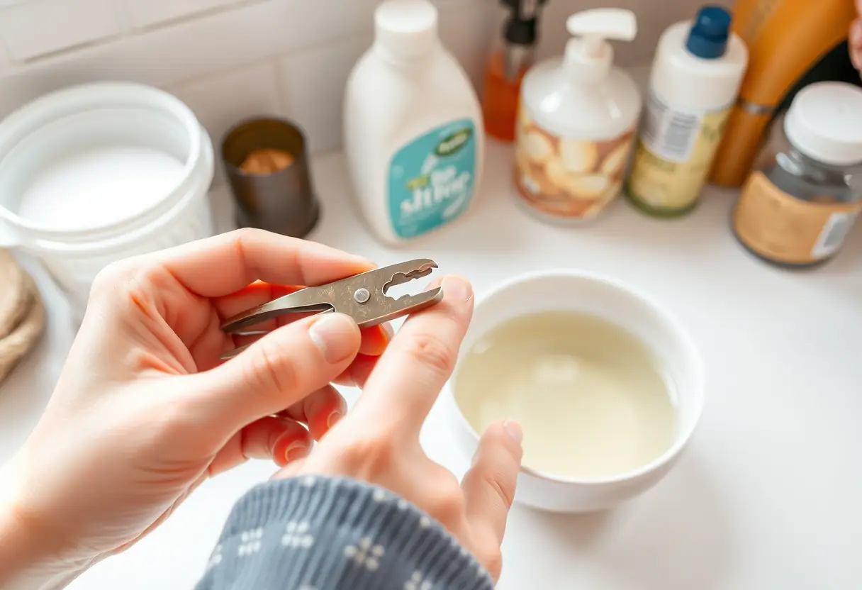 Main de quelqu'un taillant les cuticules près d'un bol d'eau chaude dans une cuisine ordinaire