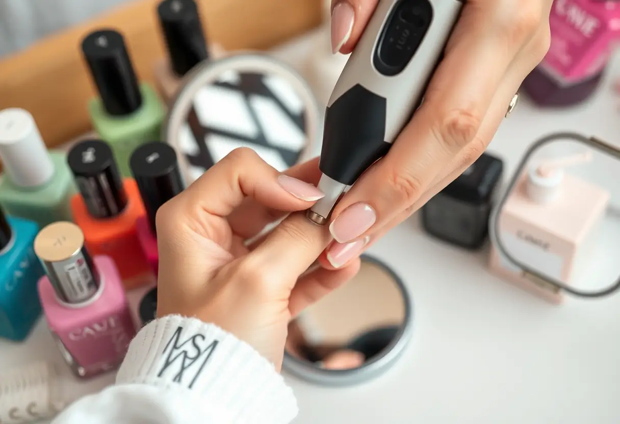 Main de professionnel utilisant un kit manucure électrique avec des bouteilles de vernis autour