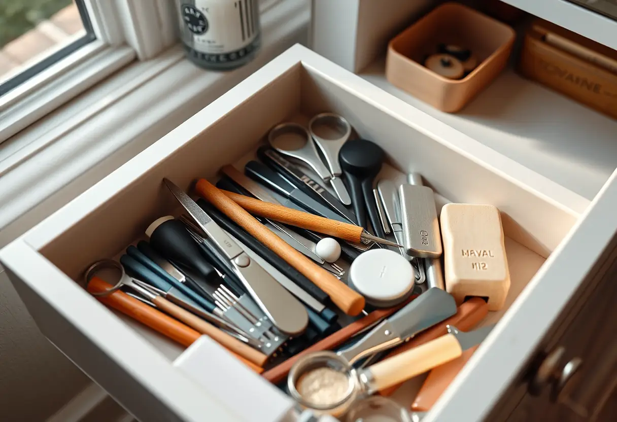 Tirette de vanity bien garnie, outils de soin des ongles pour une routine beauté