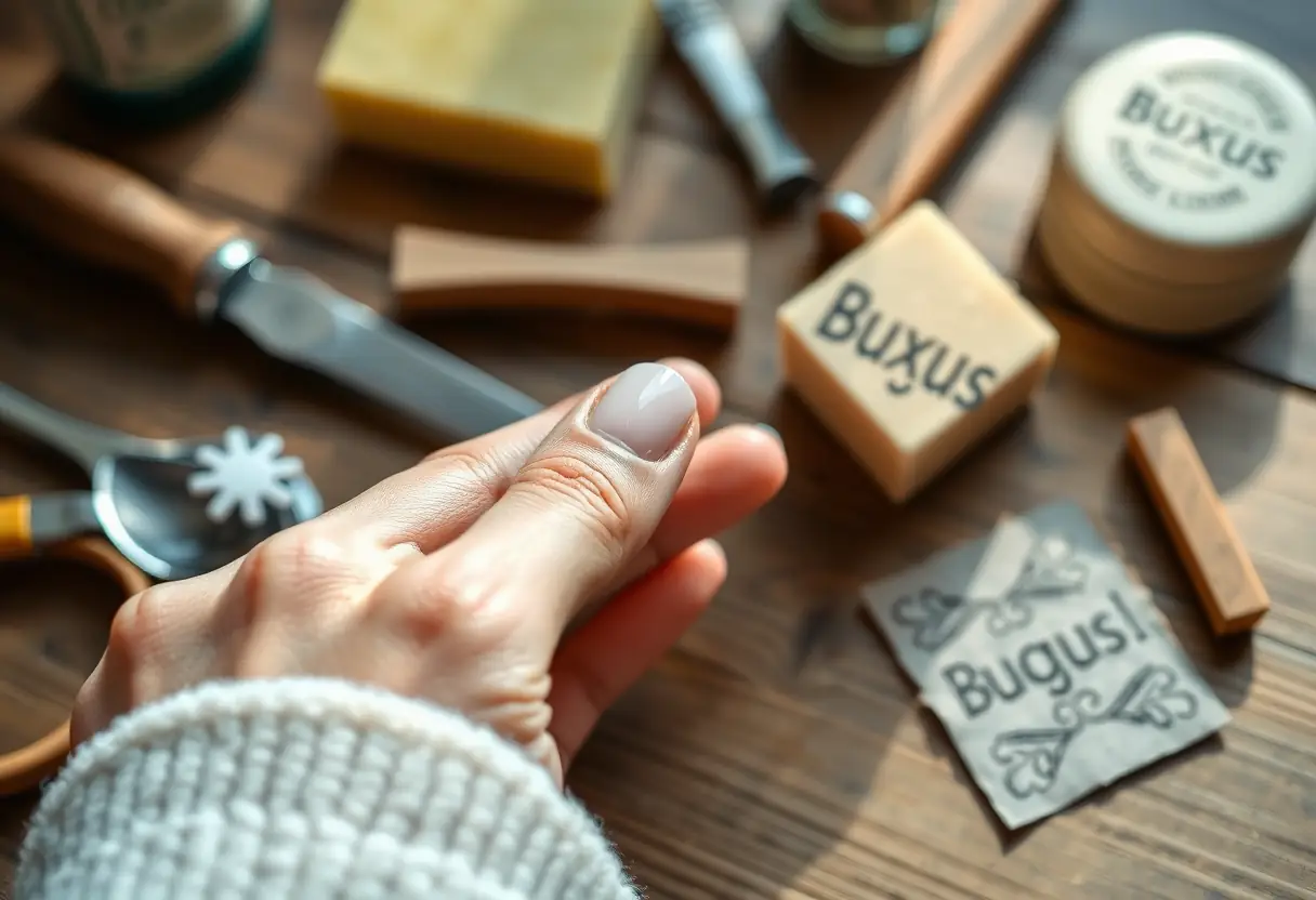 Mainucure japonaise : main en train de limer les ongles avec des outils posés sur une table