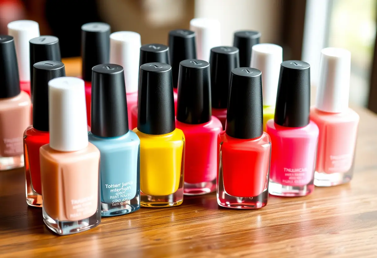 Des bouteilles de vernis à ongles de qualité professionnelle alignées sur une table en bois