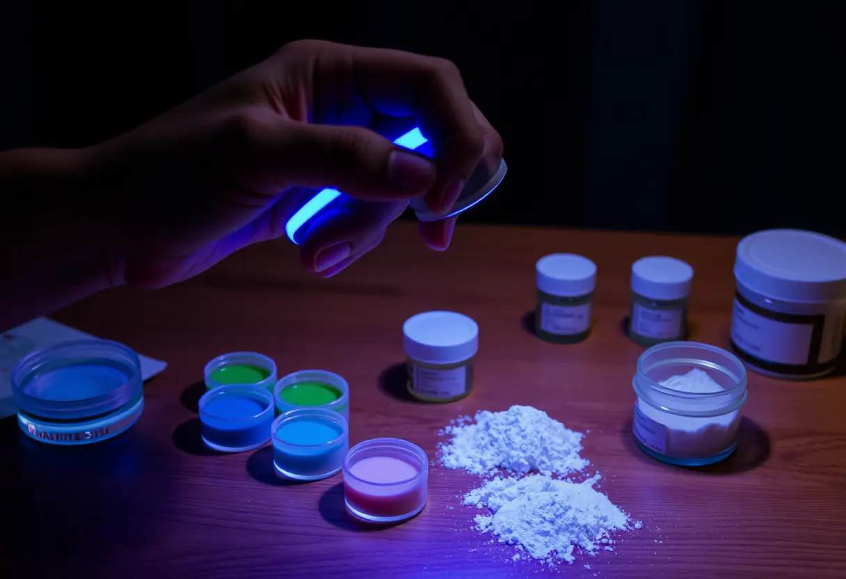 Une main tenant une lampe UV qui éclaire des pots de gel et des contenants de poudre pour une pose américaine