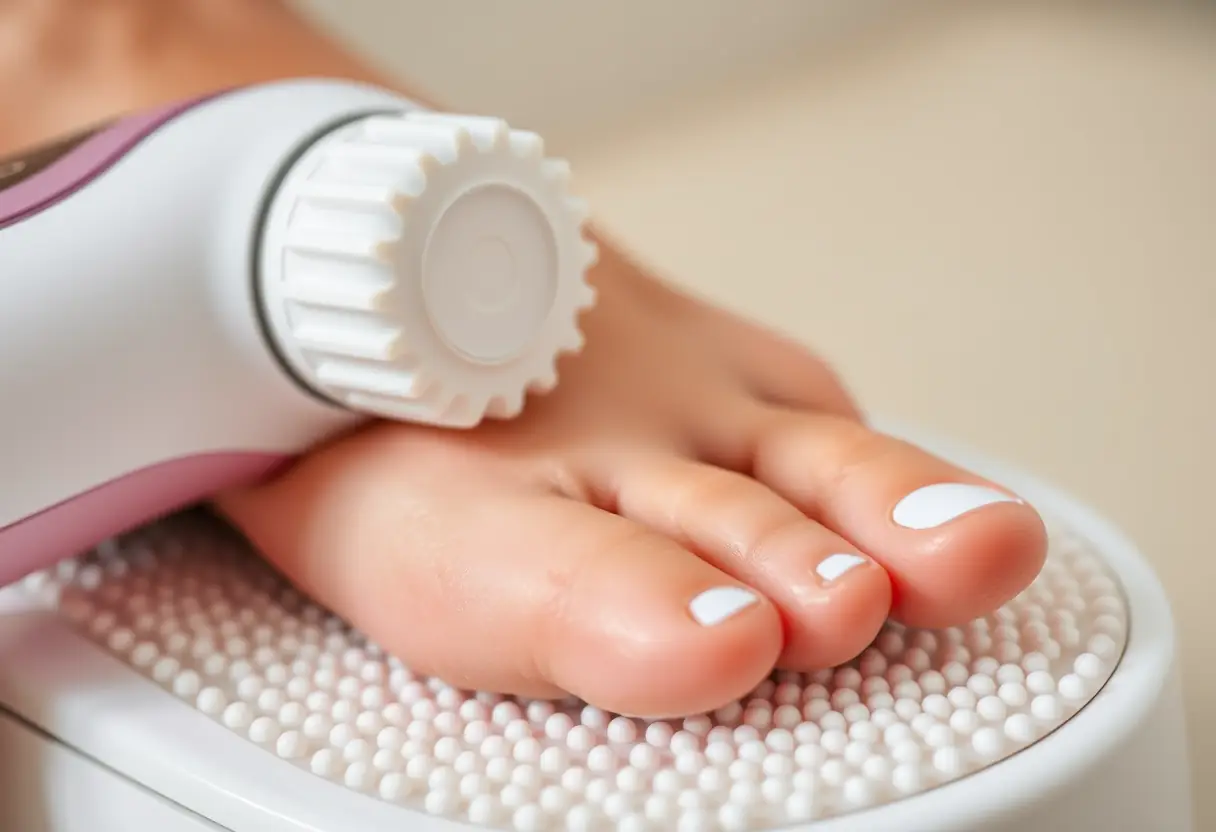 Une tête rotative sur un kit pédicure électrique lisse la peau des pieds