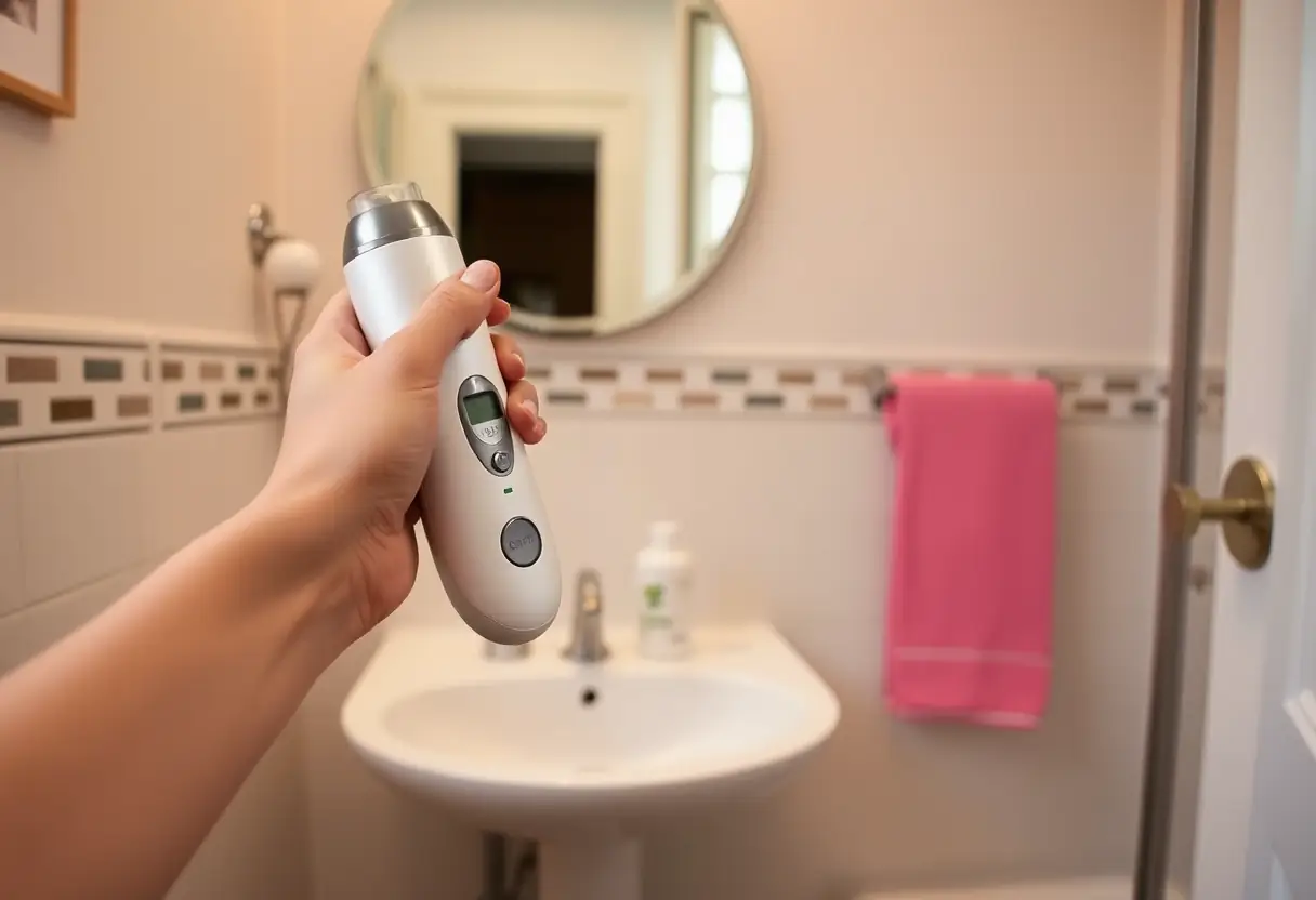 Une main tenant un kit pédicure électrique dans une salle de bain ordinaire