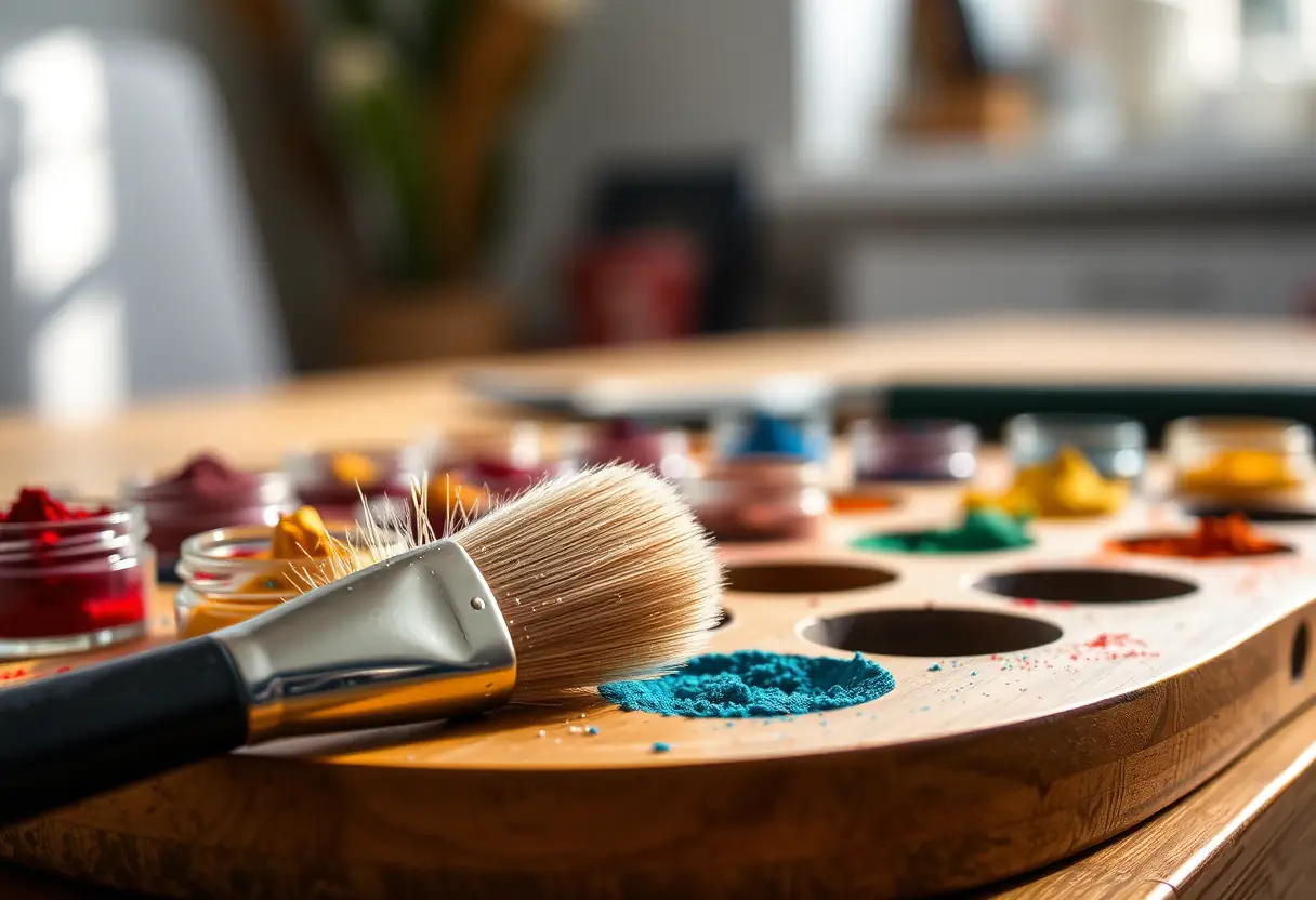 Pinceau kolinsky posé sur palette avec pots de poudres, beauté des ongles