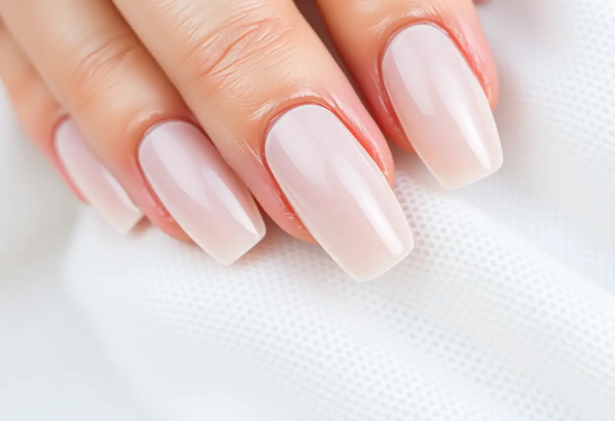 Ongles acryliques lisses et brillants posés sur un tissu blanc, guide pour les ongles gélifiés