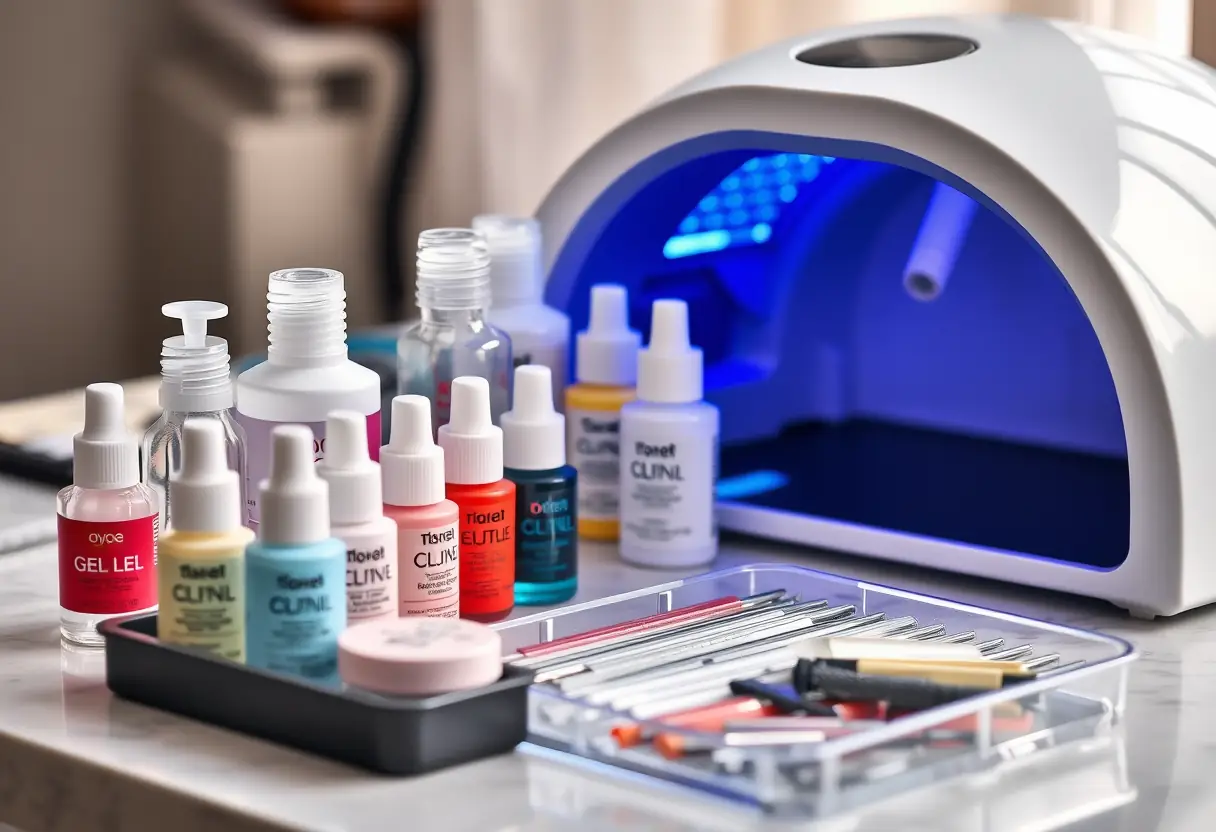 Ongles gels professionnels sur une table de travail avec des bouteilles de gel et des outils