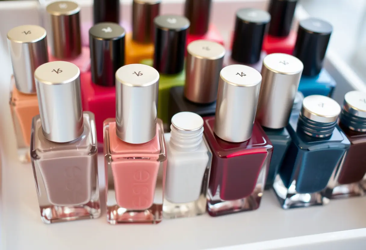 Bouteilles de vernis rangées sur un plateau blanc, montrant différentes teintes et finitions, domaine des ongles et beauté