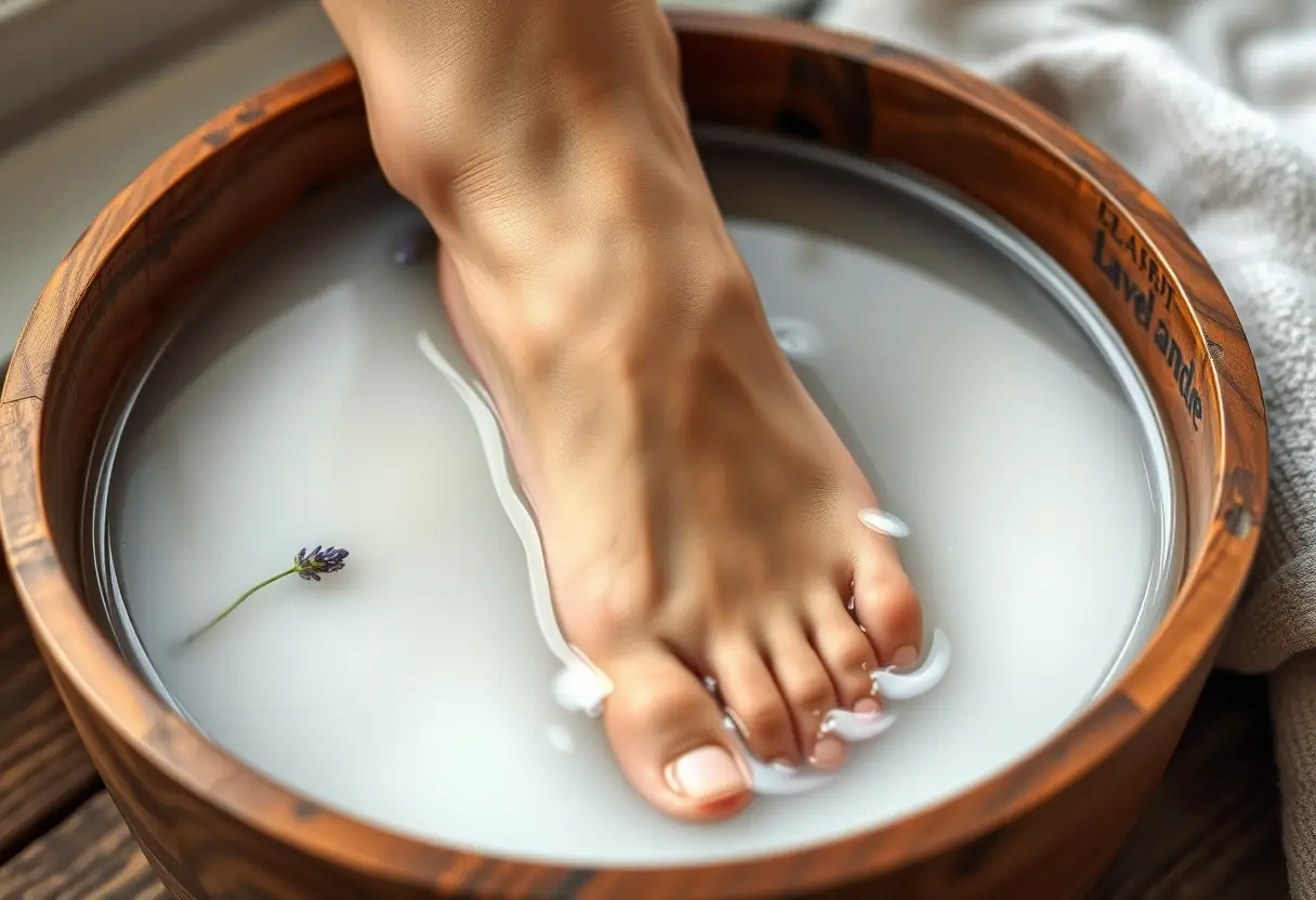 Un pied dans un bol en bois rempli d'eau parfumée à la lavande, édité par un expert en ongles