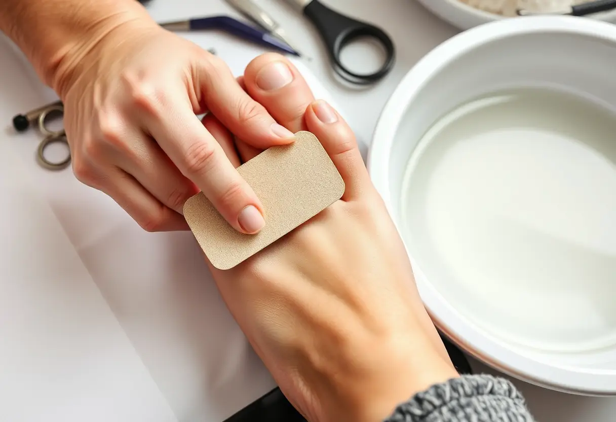 Une main utilisant un grain de ponçage pour lisser une zone durcie sur un pied, dans un cadre professionnel