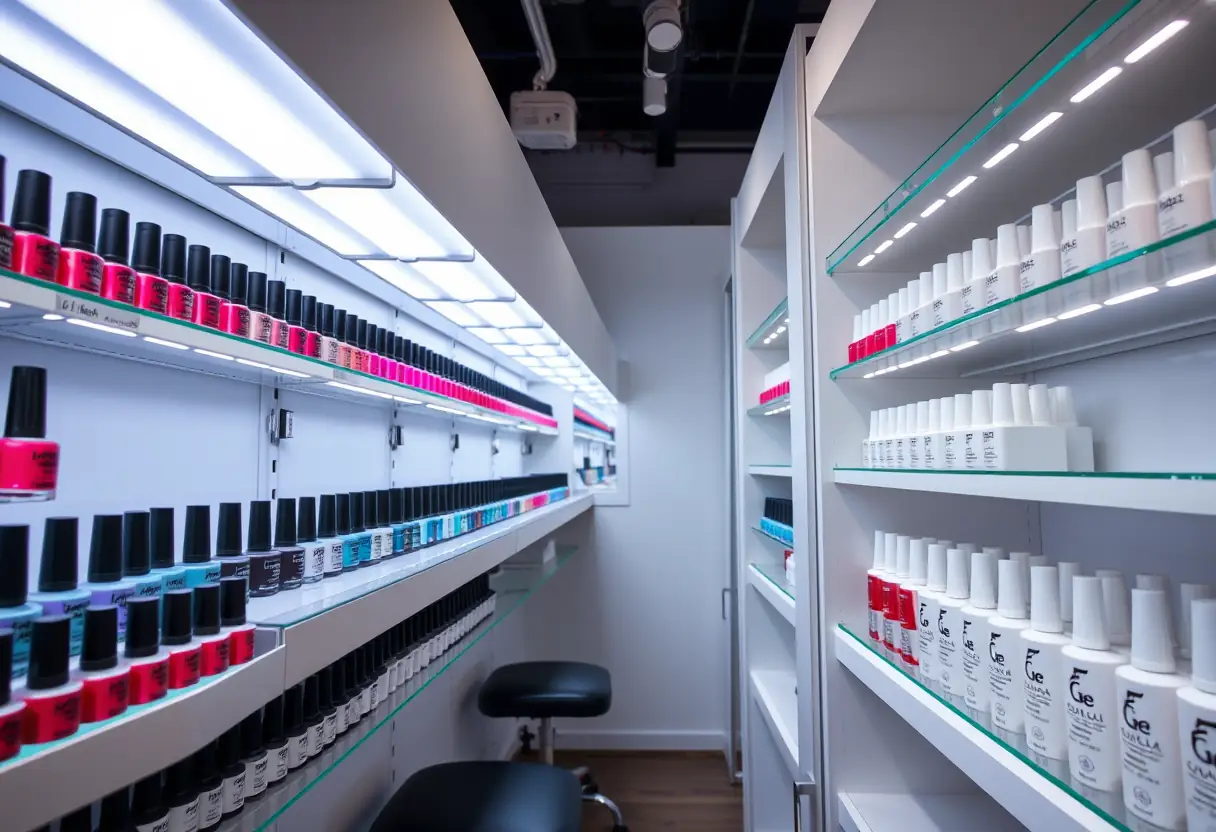 Un salon de manucure professionnel avec des étagères pleines de bouteilles de polish gel sous des lampes UV, montrant la variété des couleurs disponibles