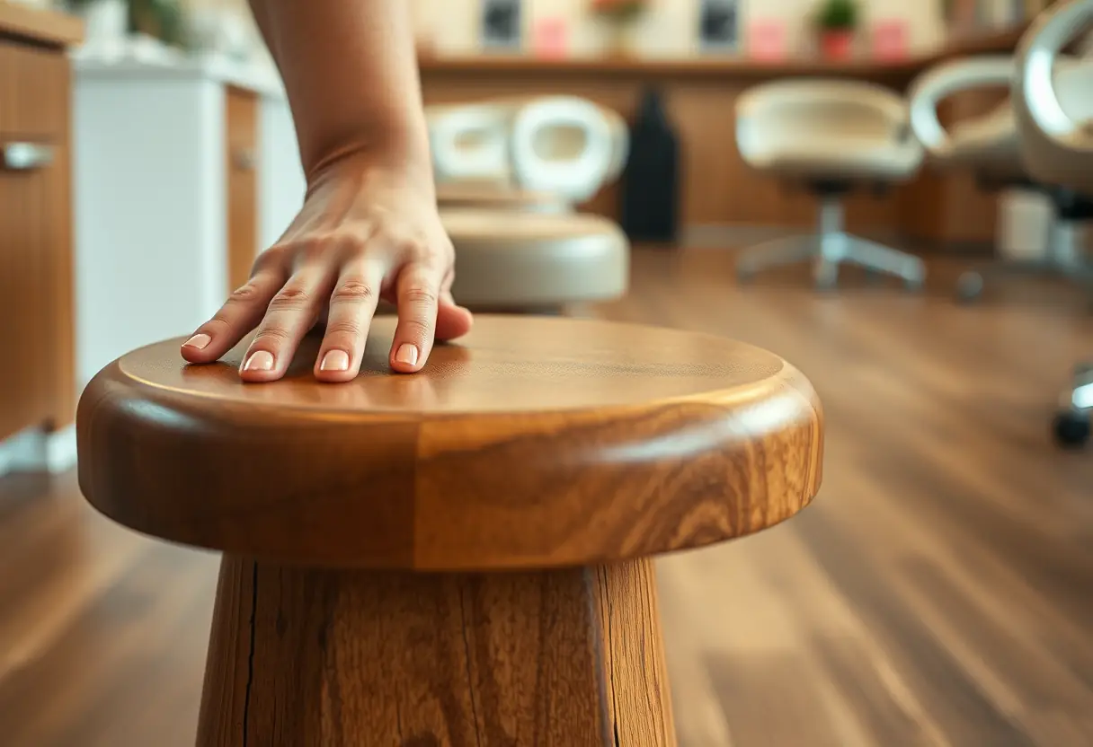 Un tabouret usé dans un salon de manucure, sans texte, ongles et beauté
