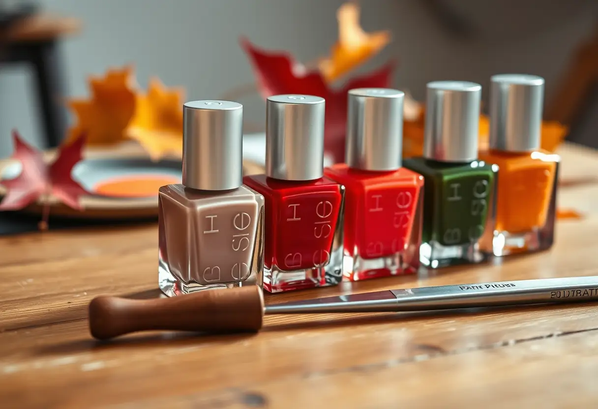 Ongles d'automne colorés sur une table en bois, naturel