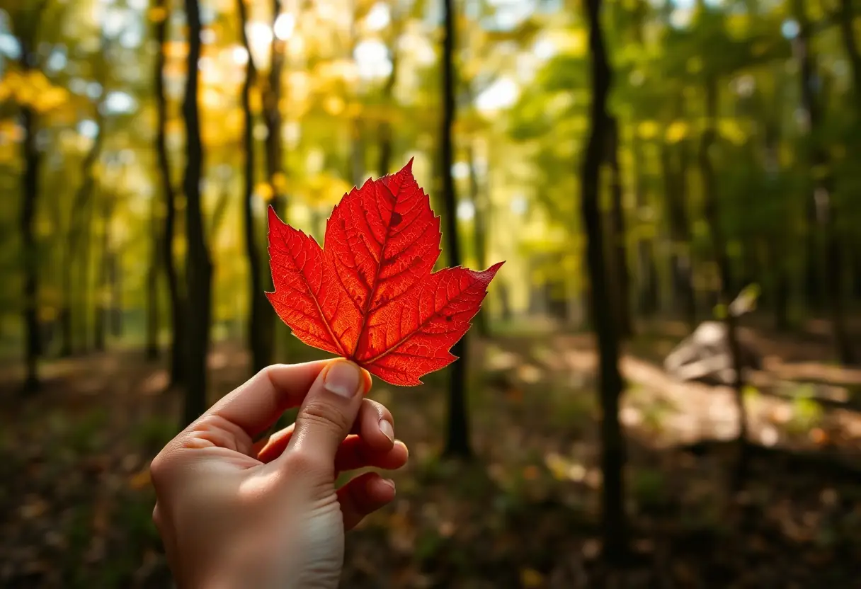 Main de personne tenant une feuille rouge en forêt, automne