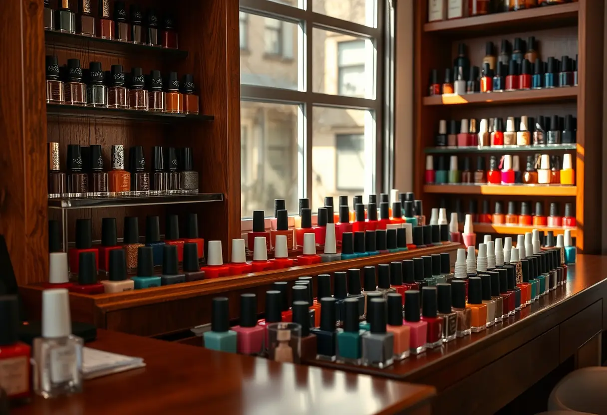 Un comptoir de manucure bien entretenu avec des bouteilles de vernis rangées en ordre