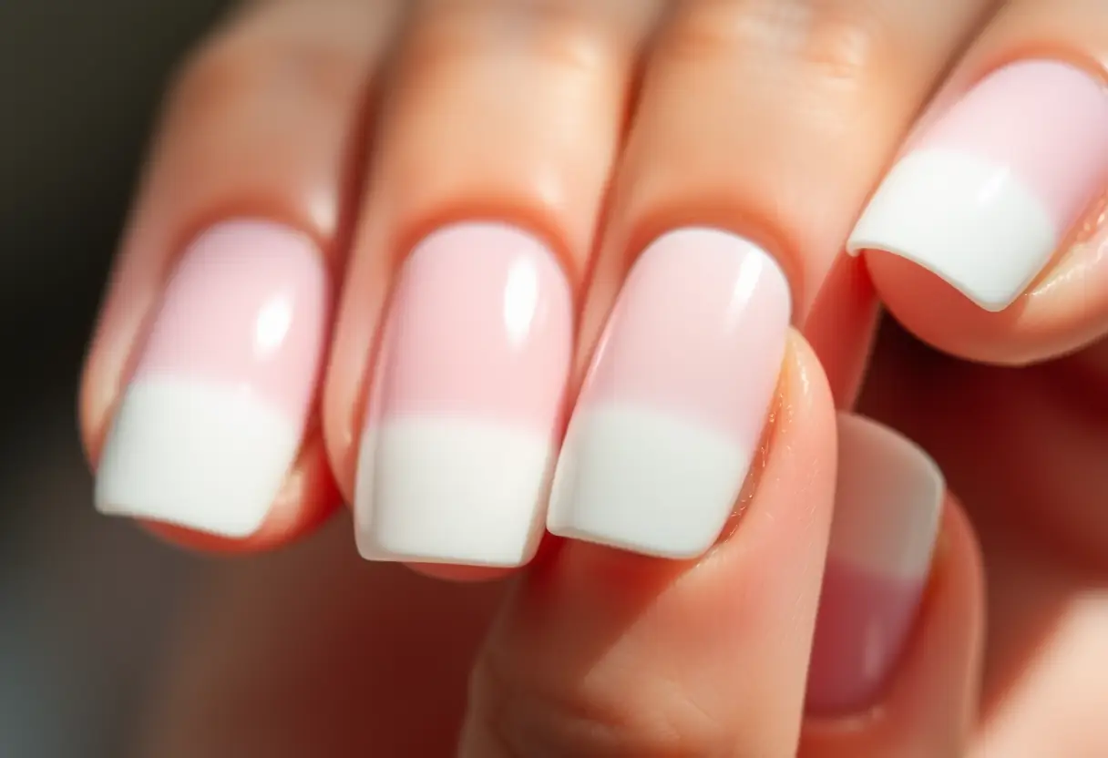 Ongles babyboomer avec dégradé nuance pâle-pink vers blanc, Pont-Remy
