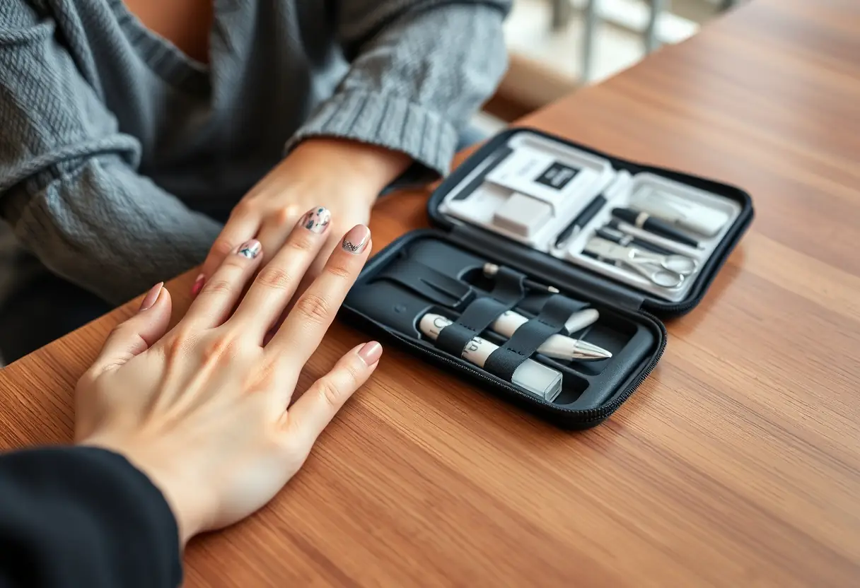 Main de cliente posée sur une table de salon, les ongles fraîchement fait avec des designs de nail art élaborés