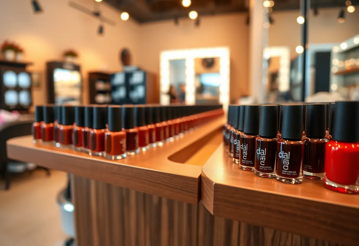 Vue d'ensemble des vernis à ongles bruns disposés sur une étagère en bois à Pont-Remy