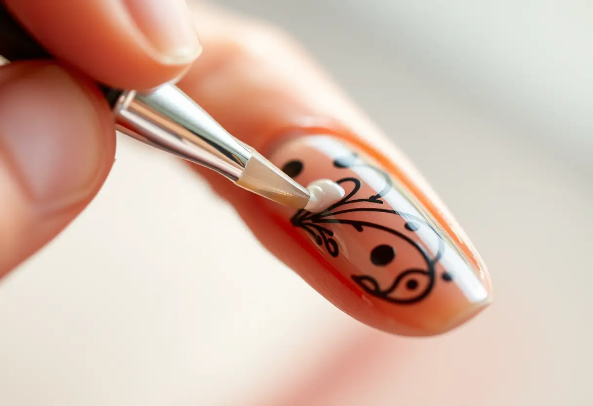 Main de prothésiste ongulaire appliquant une couche de vernis clair sur un nail art élaboré