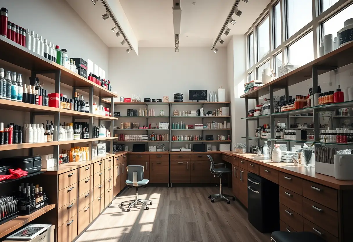 Salon de prothésie ongulaire bien éclairé avec des étagères bien organisées remplies d'outils et de produits pour soins des ongles