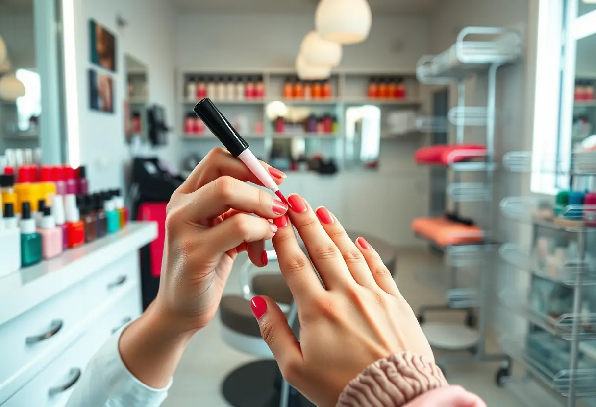 Main de cliente appliquant du polissage corail vif dans un salon de beauté