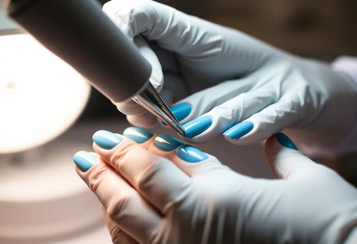 Main gantée de l'esthéticienne lisérant des ongles peints en bleu glacier frais