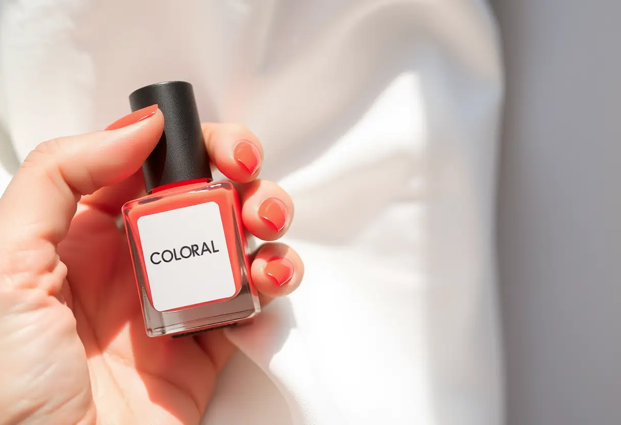 Main de professionnel tenant une bouteille de vernis corail, côté esthétique des ongles