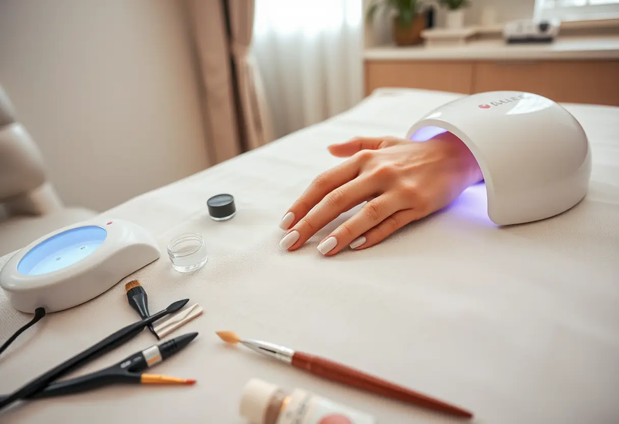 Une main posée sur une table avec des outils de prothèse ongulaire près d'elle