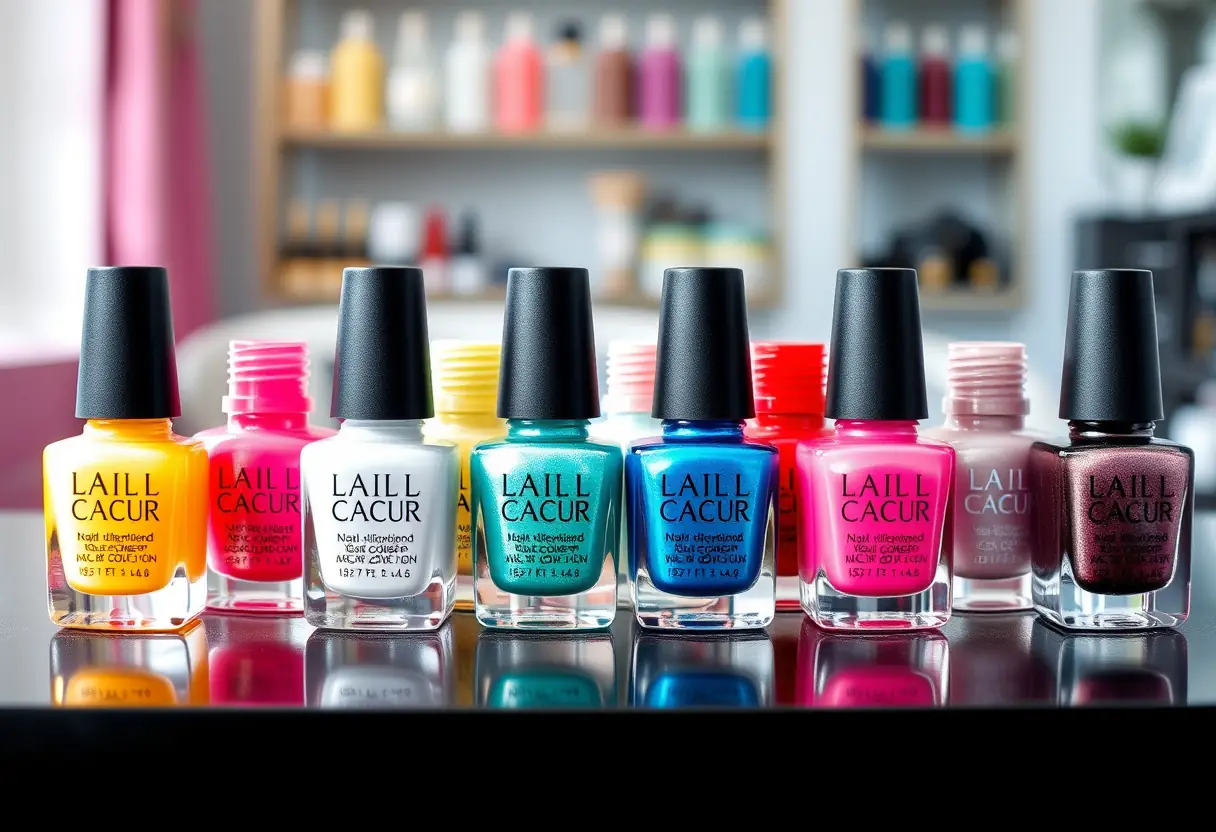 Bouteilles de vernis a ongles colorés sur une table de salon de beauté