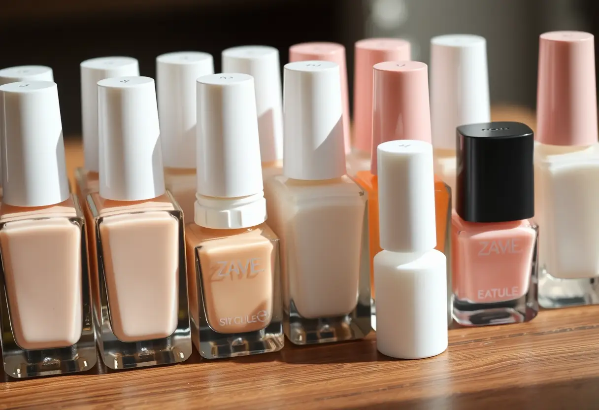 Un ensemble de bouteilles de vernis nude et rose pâle bien organisées, avec une bouteille blanche distincte, sur une table en bois, manucure française