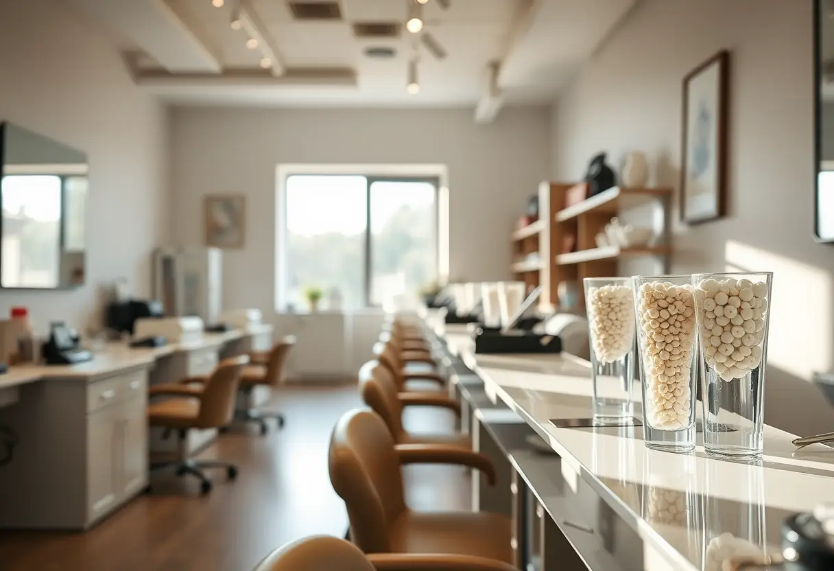 Un salon de manucure bien éclairé, avec des stations de travail équipées d'outils et de contenants, dont des récipients transparents remplis d'objets ronds utilisés pour l'art des ongles, manucure française