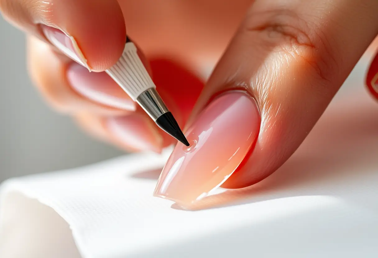 Main de prothésiste appliquant une couche de gel clair sur un ongle artificiel