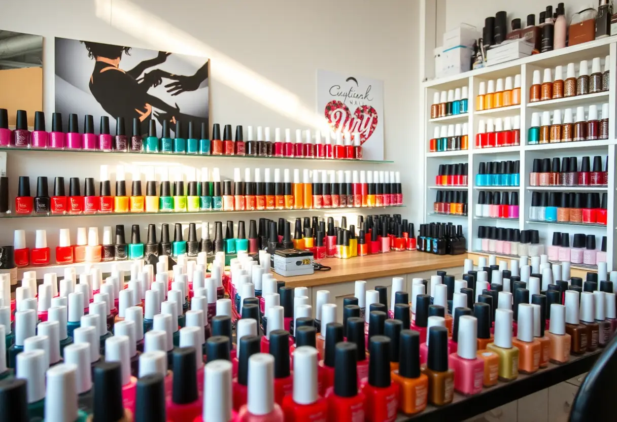Espace de travail bien éclairé avec des bouteilles de vernis rangées en ordre