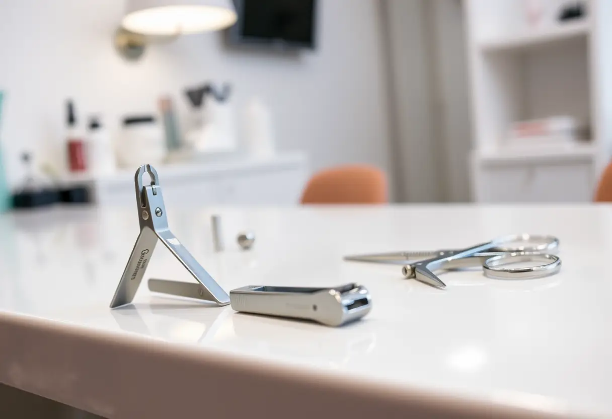 Outils de manucure sur comptoir blanc, lumière douce