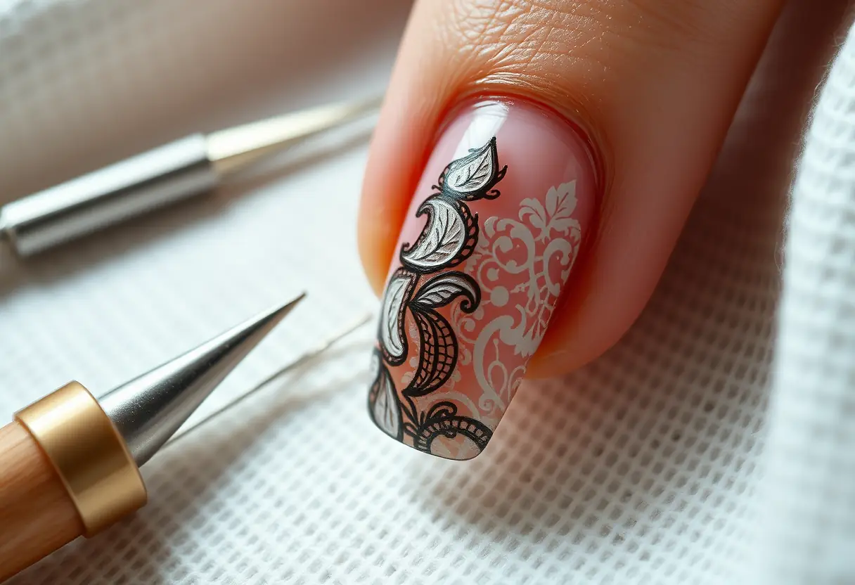 Motif de dentelle sur des ongles en gel