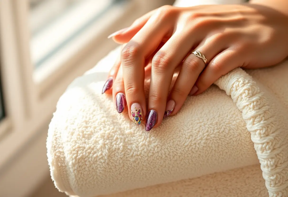 Main de cliente aux ongles parfaitement manucurés avec des motifs complexes, Ixelles