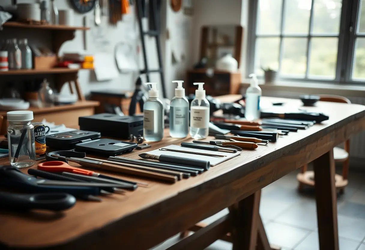 Outils et bouteilles de polissage bien organisés sur un bureau de professionnel, soins des ongles, Ixelles
