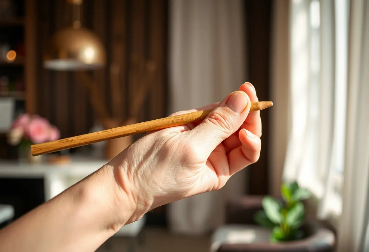 Main de cliente tenant un bâton de repousse cuticules dans un salon de manucure