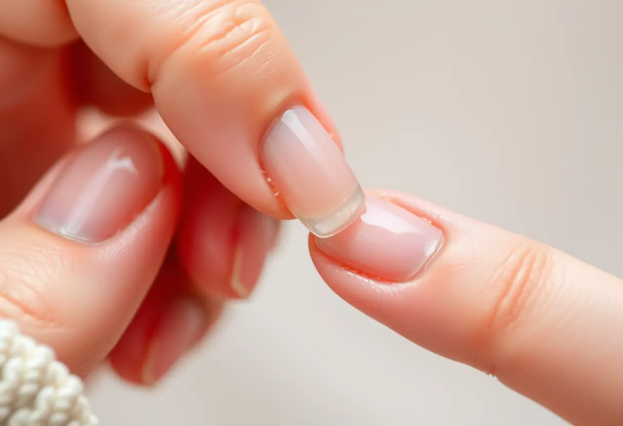 Main de prothésiste ongulaire posant une faux ongle jetable, finition brillante