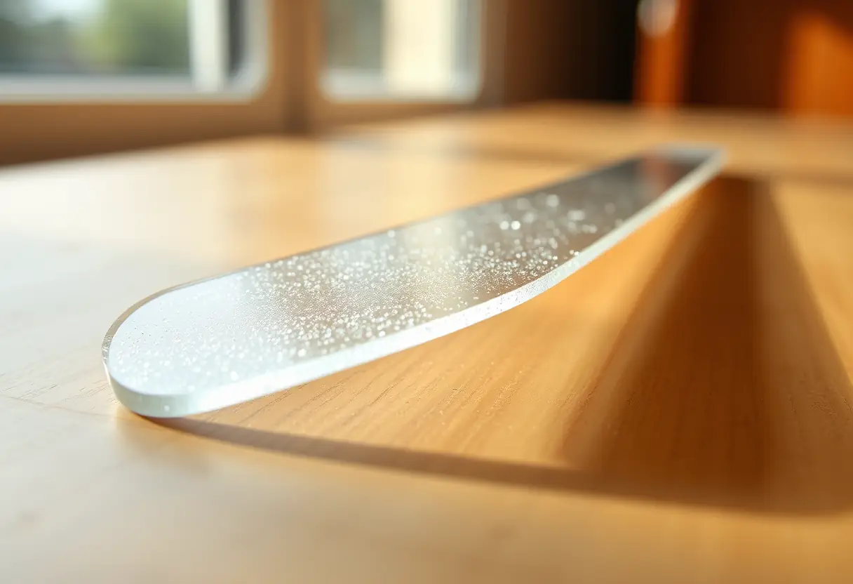 Un fiche à ongles en verre posée sur un bureau en bois clair, éclairée par la lumière du jour