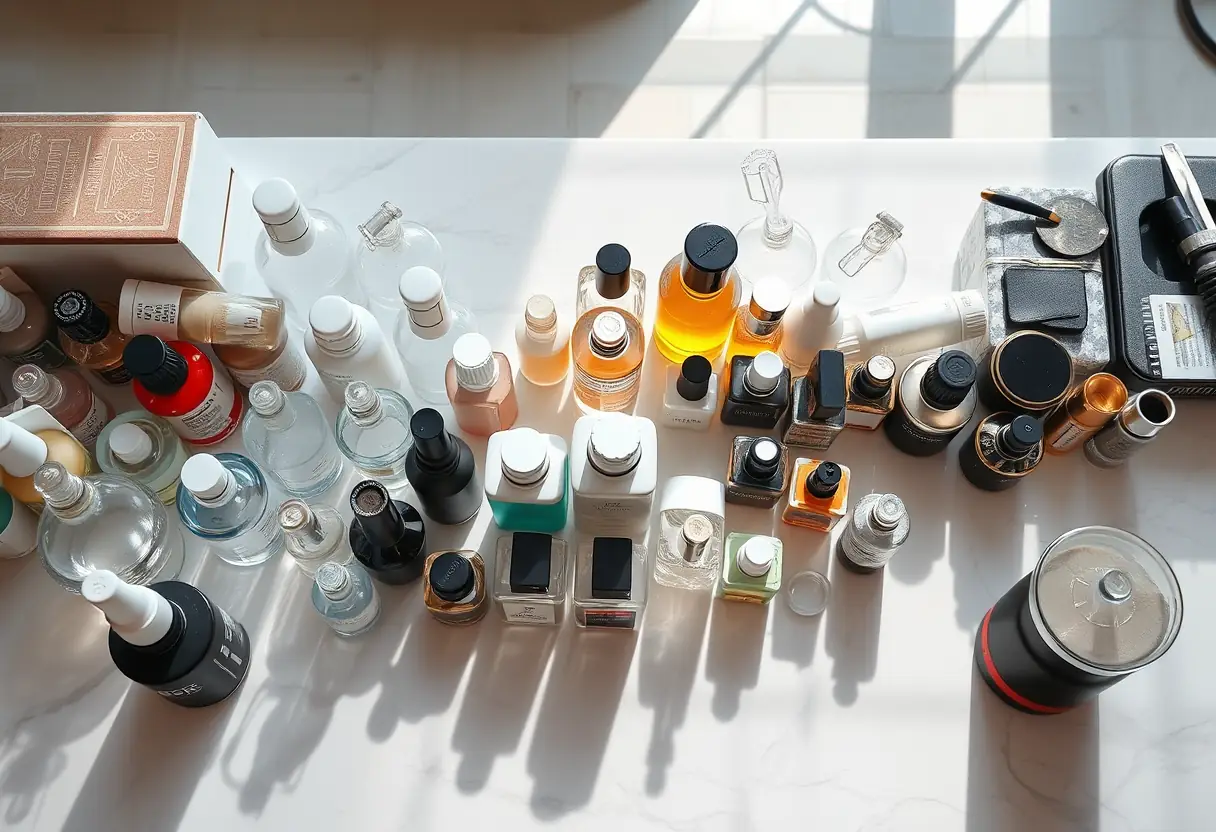 Comptoir bien organisé avec des bouteilles de verre et des contenants métalliques contenant des produits de soins des ongles de qualité supérieure