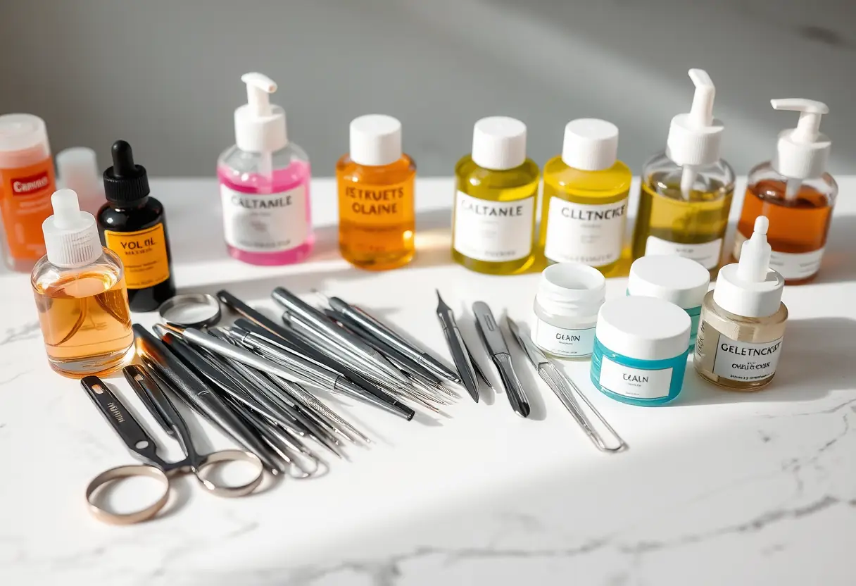 Instruments et bouteilles d'huiles et gels sur un comptoir de salon de nail art