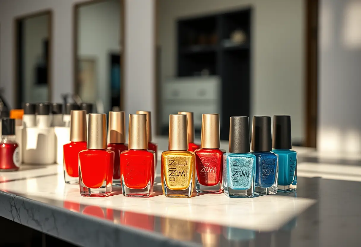 Un comptoir de salon avec des bouteilles de vernis en rouge profond, or et bleu glacé