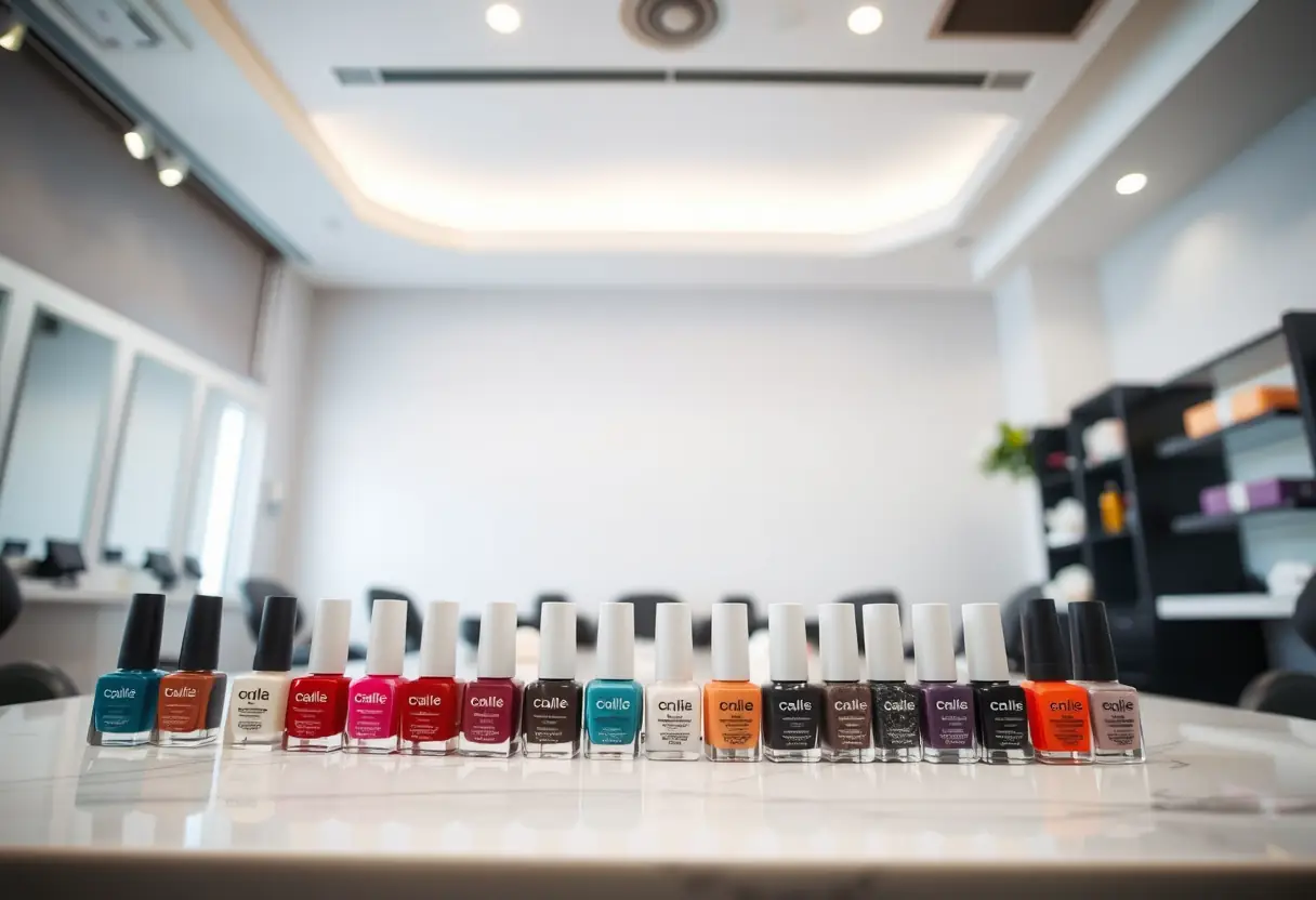 Station de manucure professionnelle avec des bouteilles de vernis rangées
