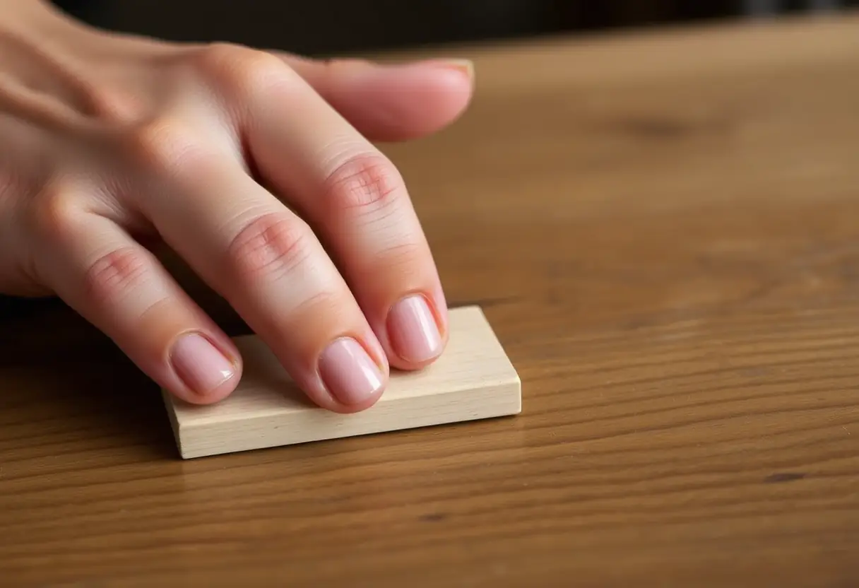 Main de cliente posant délicatement son ongle sur outil de sculpture en bois, ongles et beauté