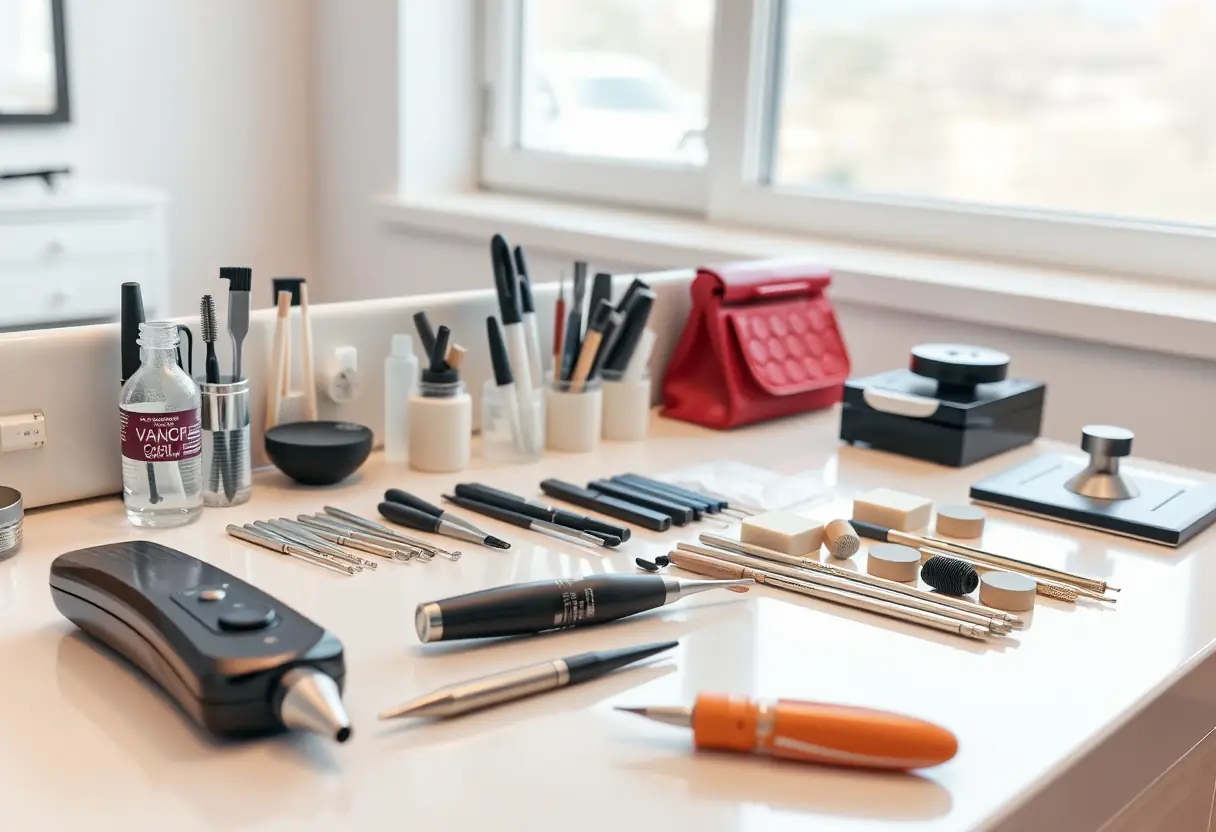 Outils de manucure bien rangés sur un comptoir stérile, lumière naturelle, technique russe
