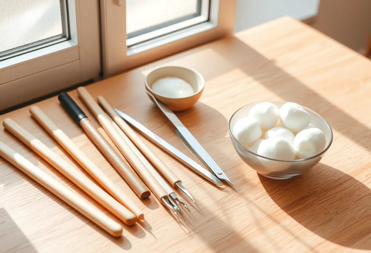 Ensemble d'outils de manucure sur une table en bois, éclairés par la lumière naturelle