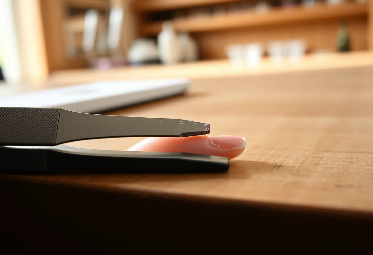 Un couteau à ongle sculpte délicatement un ongle artificiel dans un salon chaleureux